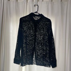 Black Sheer and Velvet Long Sleeve Top